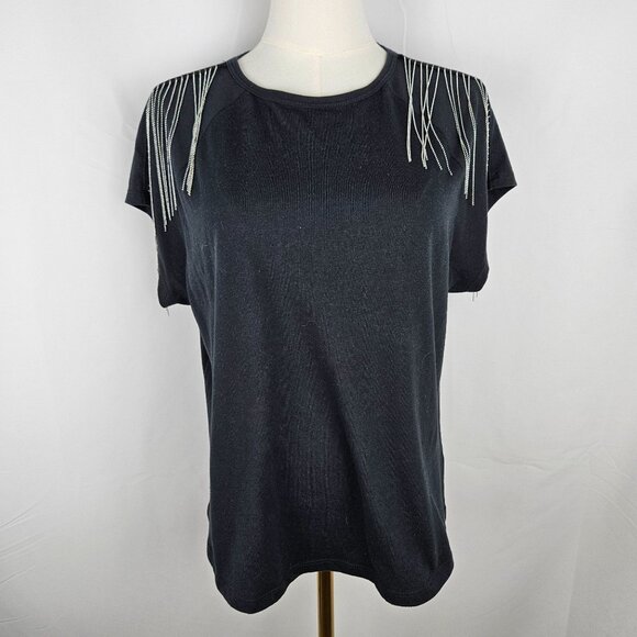 Rebecca Minkoff Black Knit Top Large Silver Bead Fringe Short Sleeves Designer - Picture 2 of 9